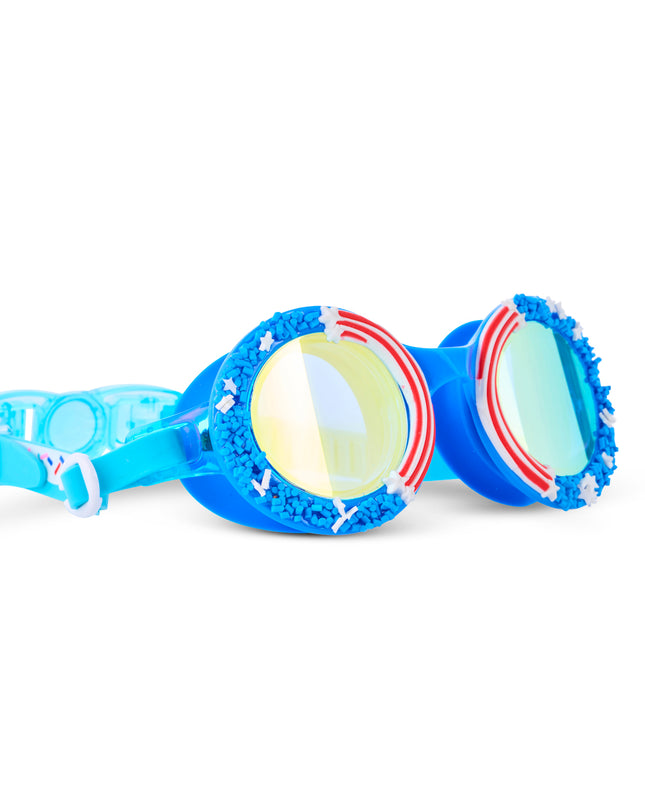 angle view of cupcakes kids' swim goggles in star stripes and sprinkles showing red white and blue themed faux sprinkles and icing 