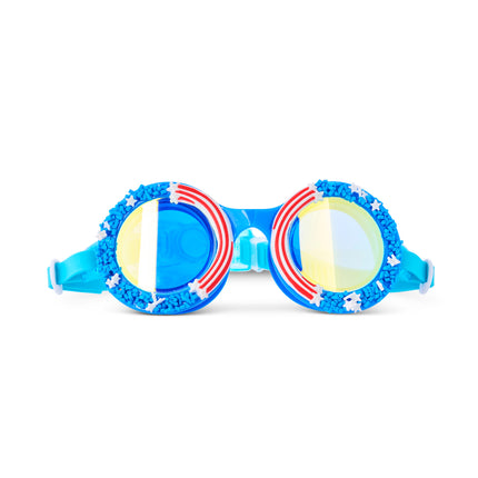 front view of cupcakes kids' swim goggles in star stripes and sprinkles showing red white and blue themed faux sprinkles and icing 