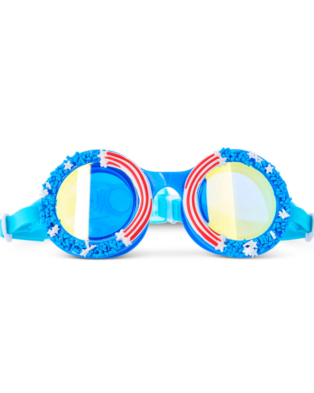 front view of cupcakes kids' swim goggles in star stripes and sprinkles showing red white and blue themed faux sprinkles and icing 