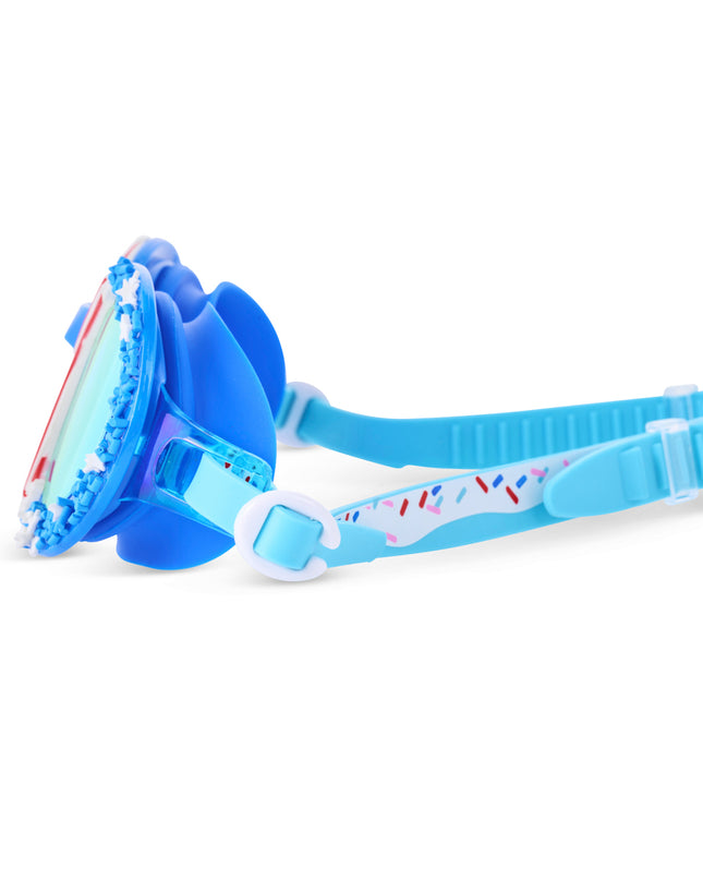 close-up view of cupcakes kids' swim goggles in star stripes and sprinkles showing icing printed on strap