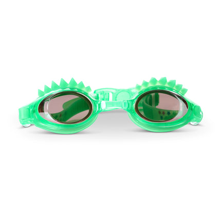 front view of liberty special edition swim goggles showing liberty spikes on a liberty green frame and tinted lens