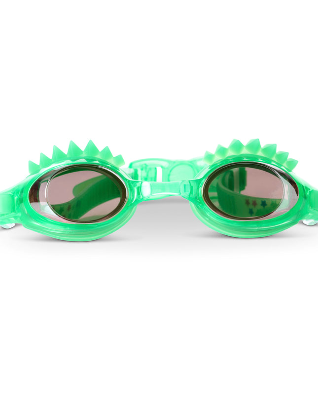 front view of liberty special edition swim goggles showing liberty spikes on a liberty green frame and tinted lens