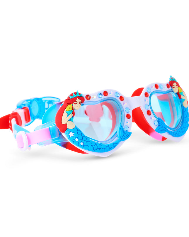 angled view of mystical creatures kids swim goggles in free as a mermaid featuring rhinestones and lady of liberty mermaid 
