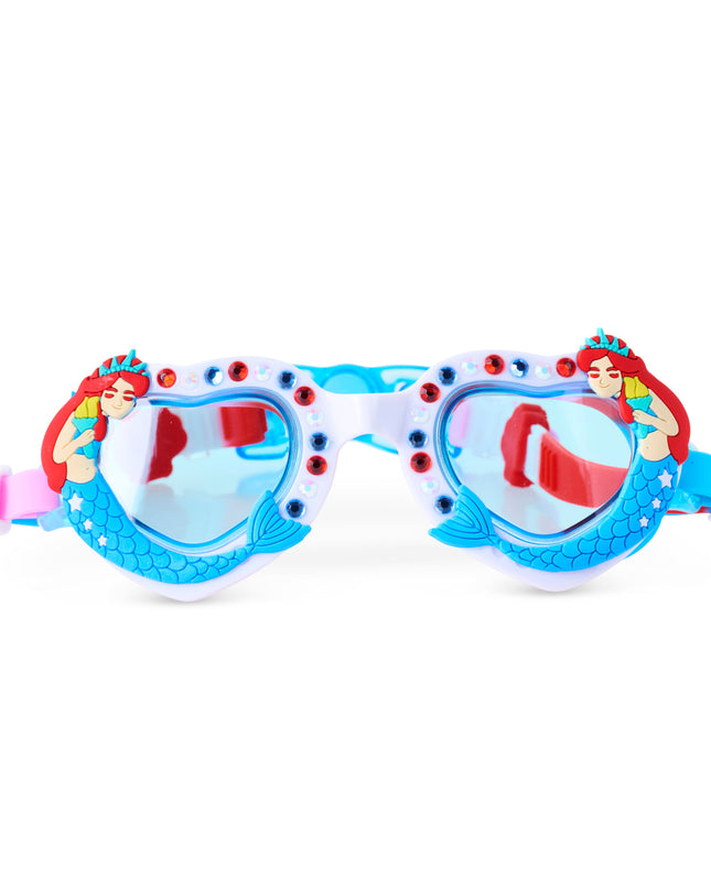 front view of mystical creatures kids swim goggles in free as a mermaid featuring rhinestones and lady of liberty mermaid 