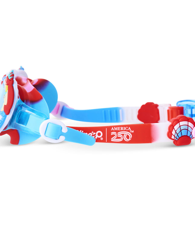 side view of mystical creatures kids swim goggles in free as a mermaid featuring america250 logo and seashell silicone slider