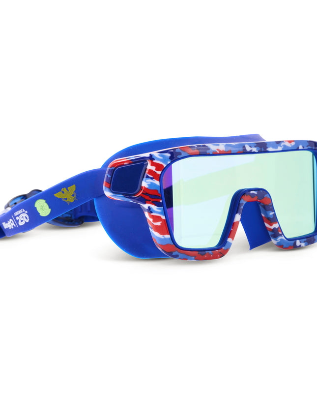 angled view of special ops kids' swim goggles in commander in camo showing camo printed frame and mirrored lens