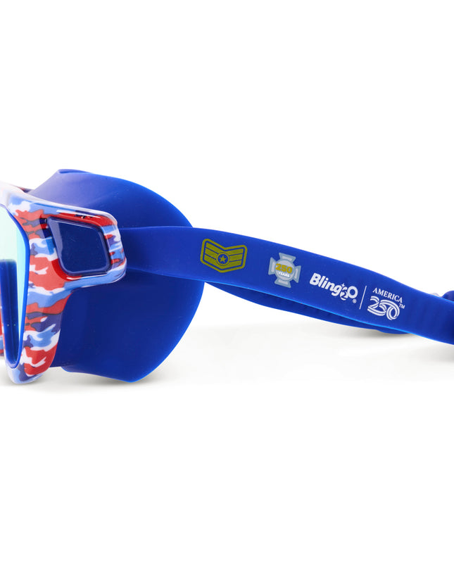 side view of special ops kids' swim goggles in commander in camo showing camo printed frame and strap showing america250 logo