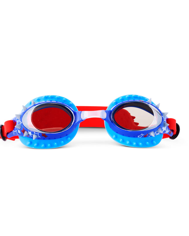 front view of prehistoric times kids' swim goggles in prehistoric and proud showing silicone spikes and stars printed on frame