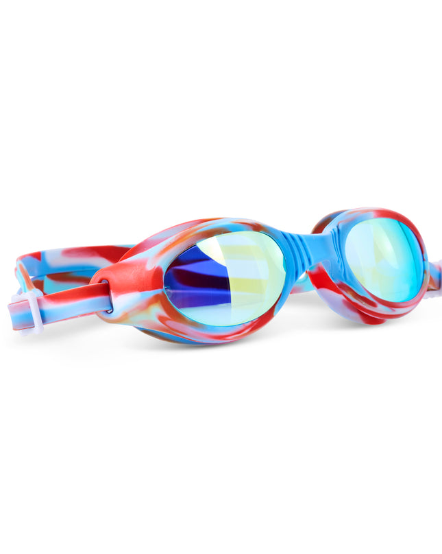 angled view of salt water taffy kids' swim goggles in freedom swirl showing all silicone frame with swirls of red, white and blue and reflective lens