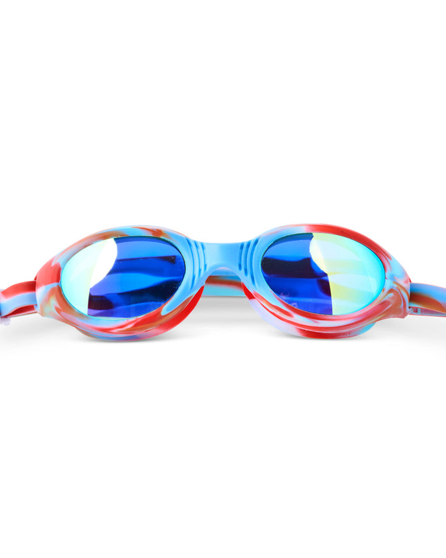 front view of salt water taffy kids' swim goggles in freedom swirl showing all silicone frame with swirls of red, white and blue and reflective lens