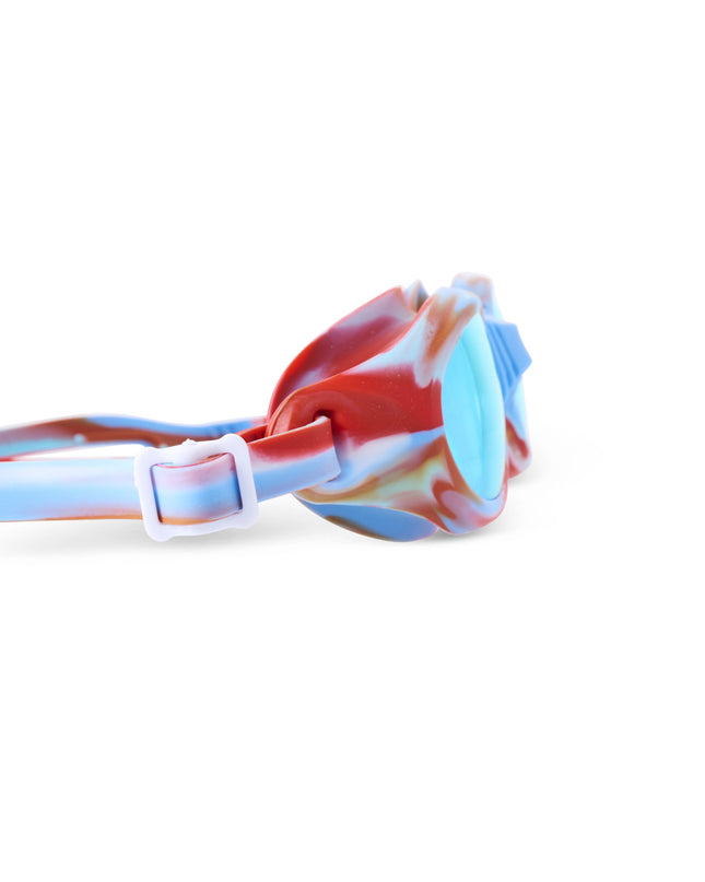 side view of salt water taffy kids' swim goggles in freedom swirl showing all silicone frame with swirls of red, white and blue and reflective lens