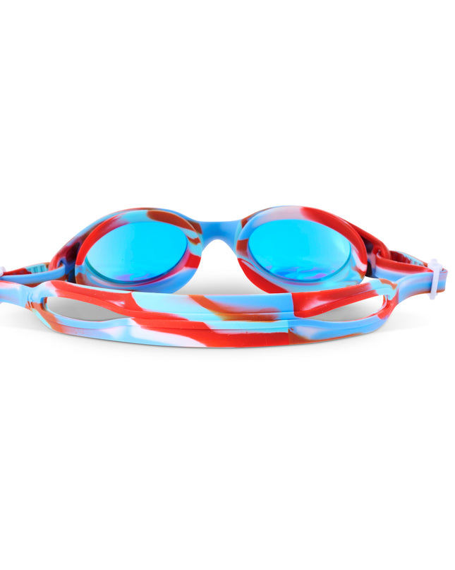 back view of salt water taffy kids' swim goggles in freedom swirl showing all silicone strap with swirls of red, white and blue and reflective lens