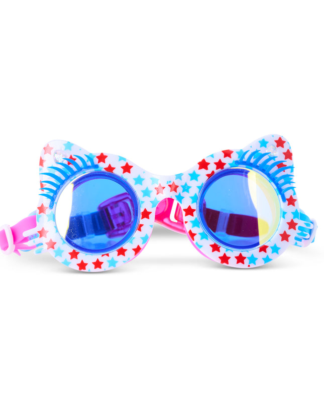 front view of savvy cat kids' swim goggles in purrfect pink party showing stars printed on the frame and faux blue eyelashes