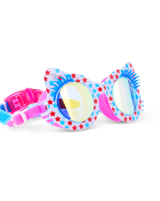 angled view of savvy cat kids' swim goggles in purrfect pink party showing stars printed on the frame and faux blue eyelashes