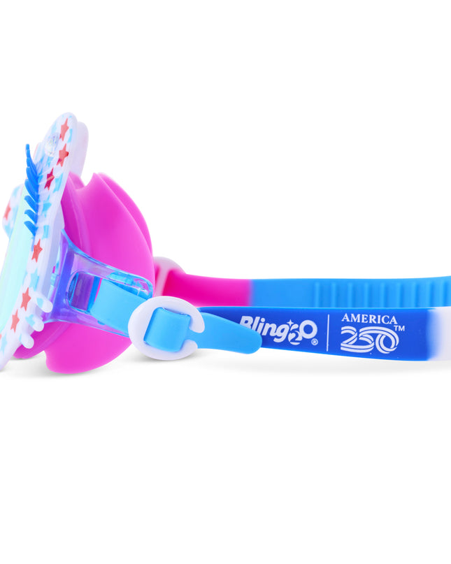 side view of savvy cat kids' swim goggles in purrfect pink party showing stars printed on the frame and america50 logo