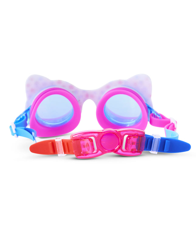 back view of savvy cat kids' swim goggles in purrfect pink party showing back clip