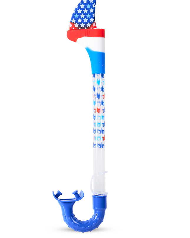standing up view of shark fin snorkel in blue bite showing a red white and blue pattern with stars