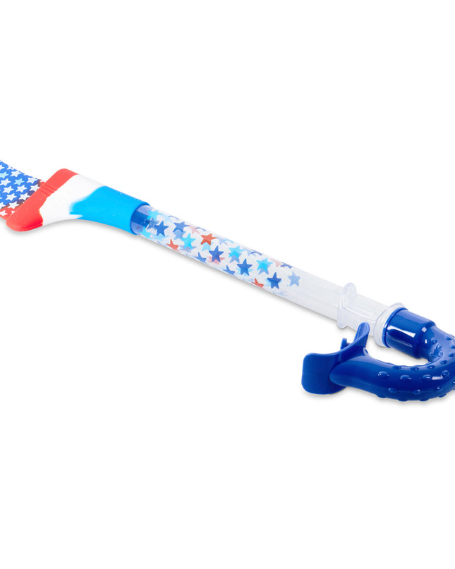 lying down view of shark fin snorkel in blue bite showing a red white and blue pattern with stars