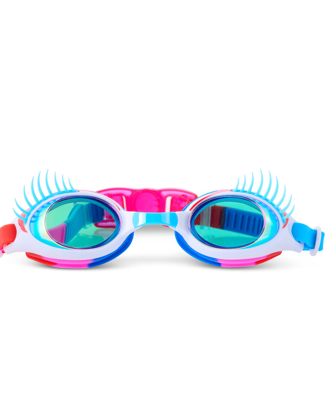 front view of splash lash kids' swim goggles in blue lashes & 4th bashes showing blue eyelashes and blue lenses