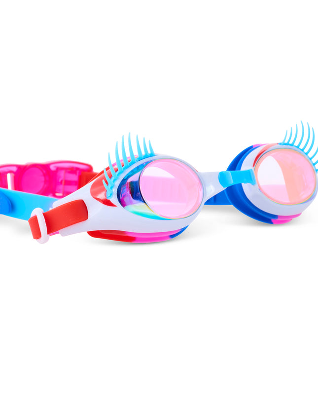 angled view of splash lash kids' swim goggles in blue lashes & 4th bashes showing blue eyelashes and red printed eyeshadow