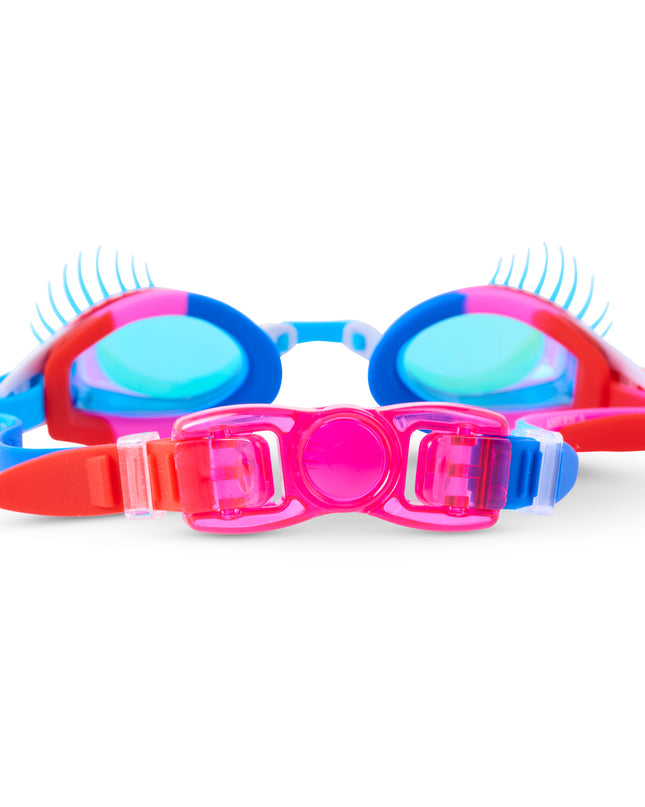 back view of splash lash kids' swim goggles in blue lashes & 4th bashes showing back clip