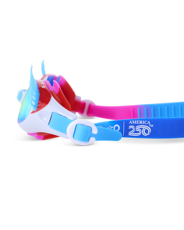 side view of splash lash kids' swim goggles in blue lashes & 4th bashes showing blue eyelashes and america250 logo