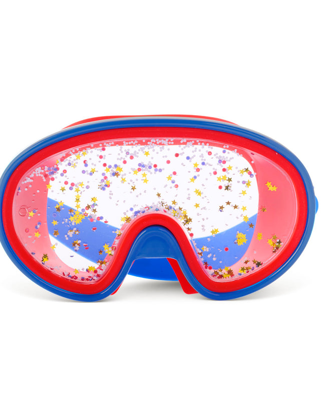 front view of fireworks kids' swim mask in bursting blue showing cheerful confetti free floating in double lens swim mask
