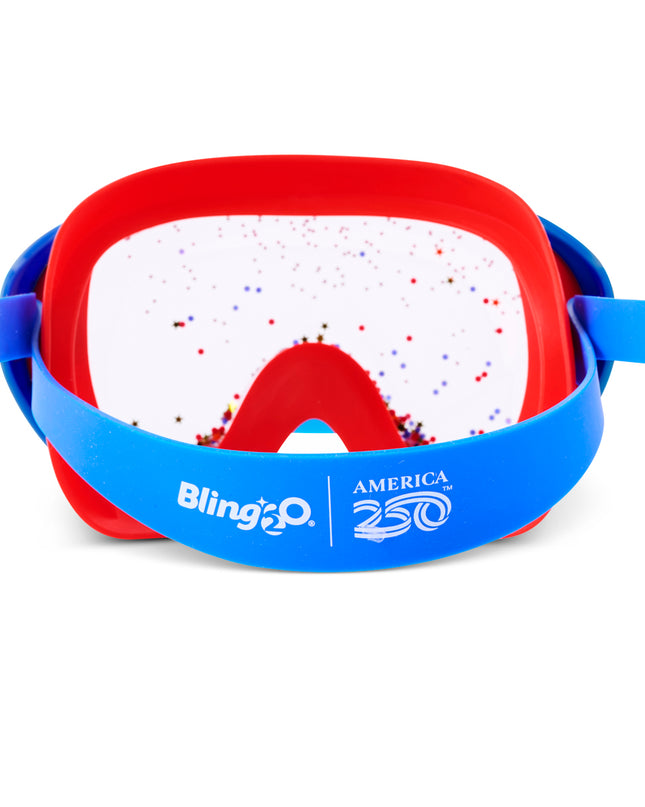 back view of fireworks kids' swim mask in bursting blue showing america250 logo