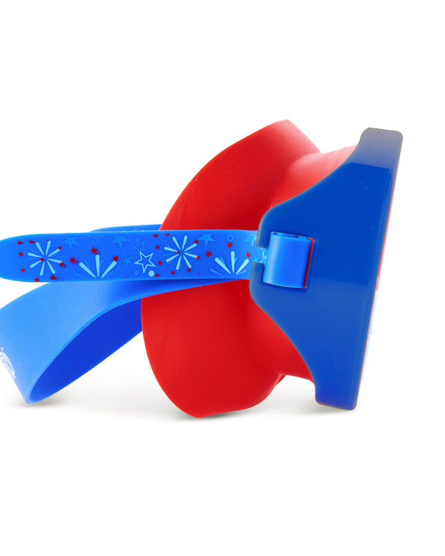 side view of fireworks kids' swim mask in bursting blue showing red gasket and fireworks printed strap