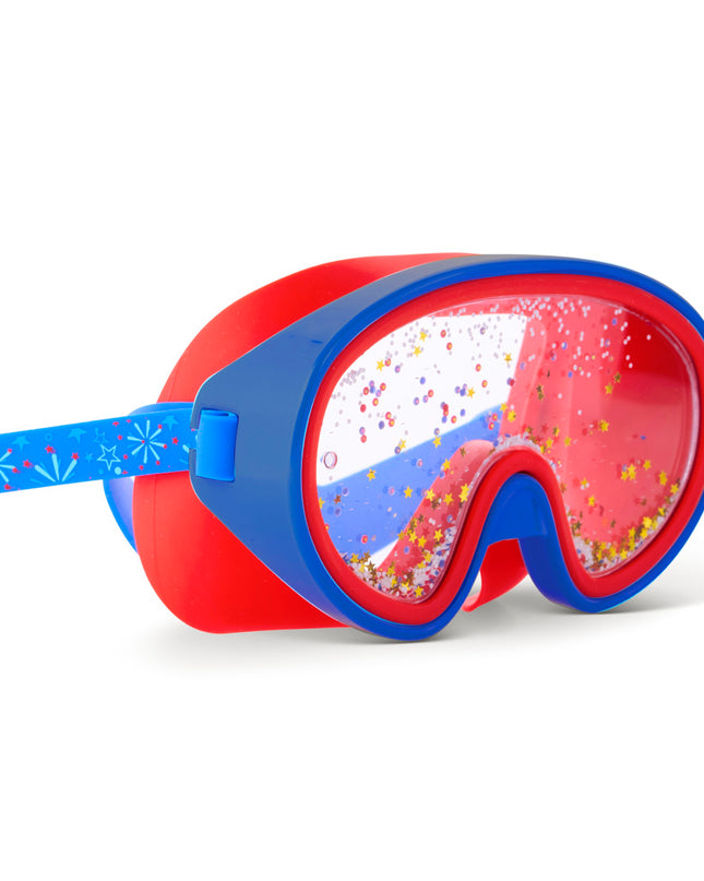 angle view of fireworks kids' swim mask in bursting blue showing cheerful confetti free floating in double lens swim mask and fireworks printed strap