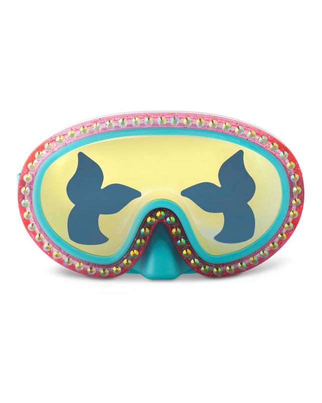 blue sea kids' swim mask with nose piece in blue sushi colorway showing reflective translucent mermaid tail print lens on rhinestone glitter frame