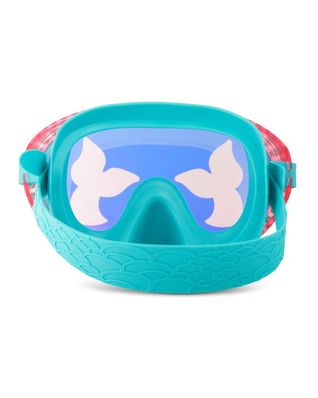 back view of blue sea kids' swim mask with nose piece in blue sushi colorway showing reflective translucent mermaid tail print lens and mermaid tail textured strap