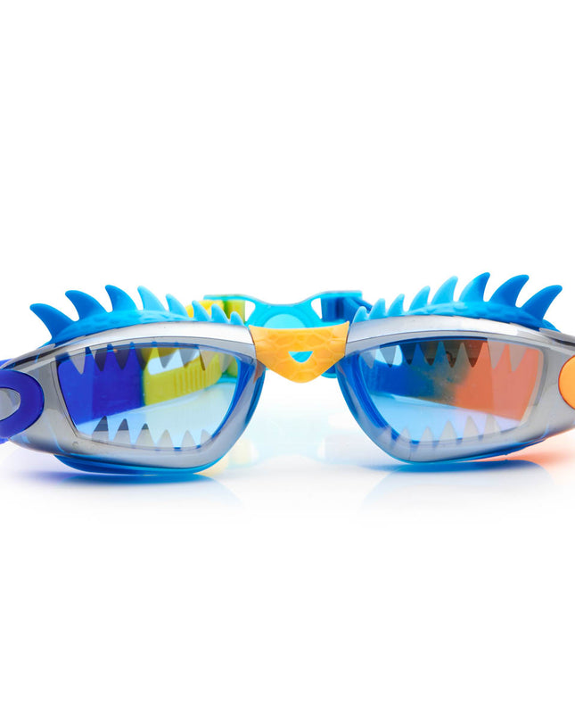 draco the dragon kids' swim goggles in blue dragon showing a silicone spiked gasket, sharp teeth printed lens and patterned strap