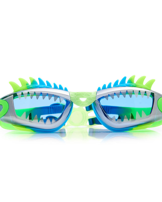 draco the dragon kids' swim goggles in sea dragon green showing silicone spiked gasket and sharp teeth printed lens