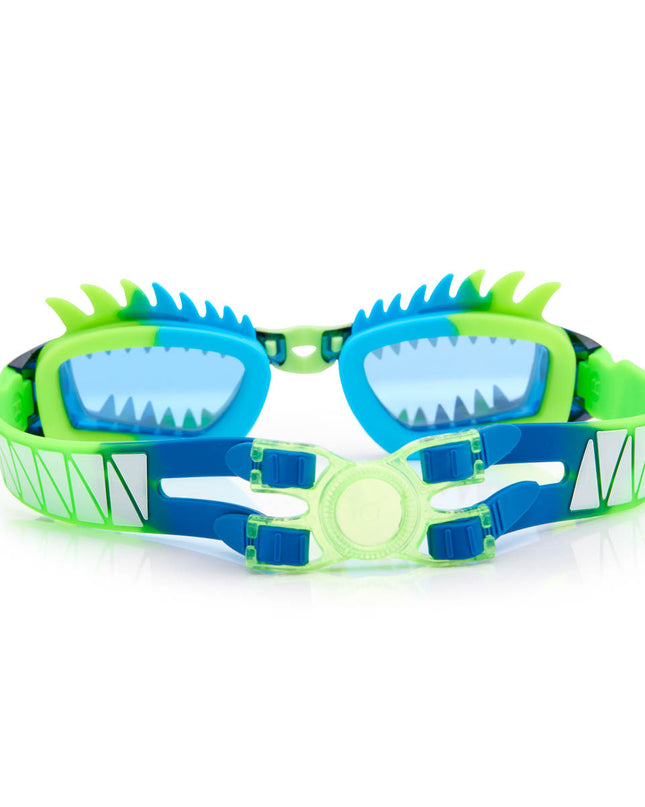 back view of draco the dragon kids' swim goggles in sea dragon green showing strap detail and back clip
