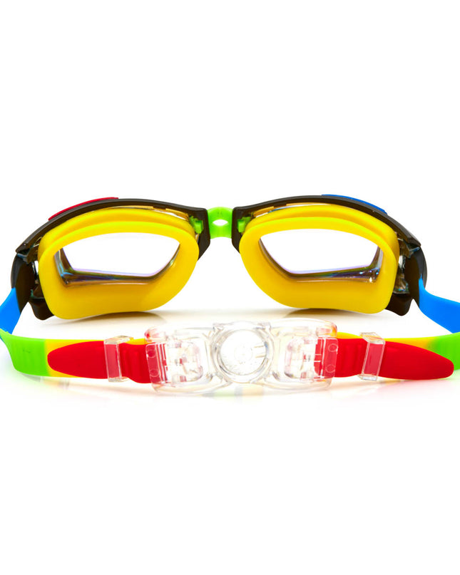 back view gamer kids' swim goggles in jet black showing strap and back clip
