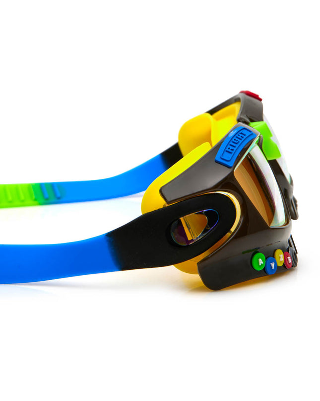 side view gamer kids' swim goggles in jet black showing galaxy frame with gaming details and mirrored lens
