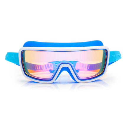 prismatic swim goggles in nanobot navy showing blue colored silicone gasket and tinted lens