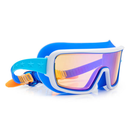 angled view of prismatic swim goggles in nanobot navy showing blue colored silicone gasket and tinted lens