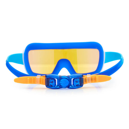 back view of prismatic swim goggles in nanobot navy showing strap and back clip