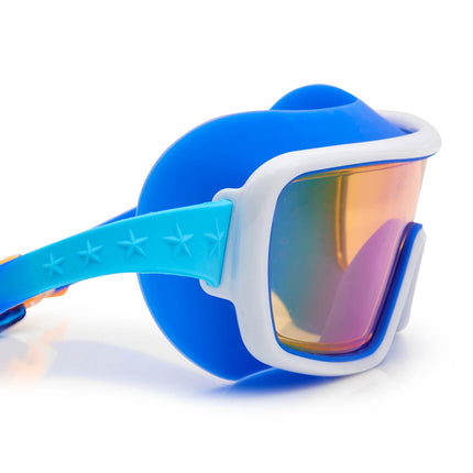 close-up view of prismatic swim goggles in nanobot navy showing blue colored silicone gasket and tinted lens