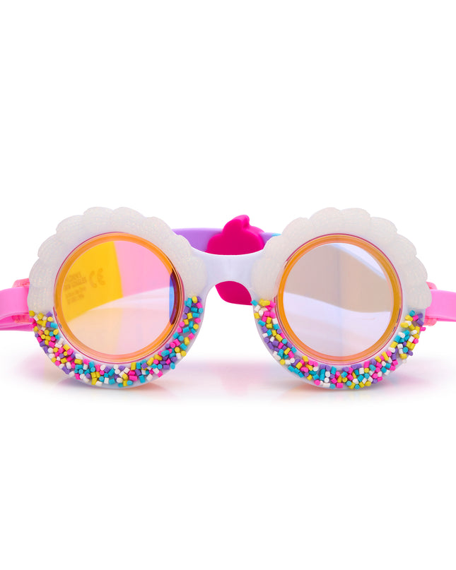 bake off kids' round shaped swim goggles in color burst rainbow showing faux frosting detail and rainbow sprinkles