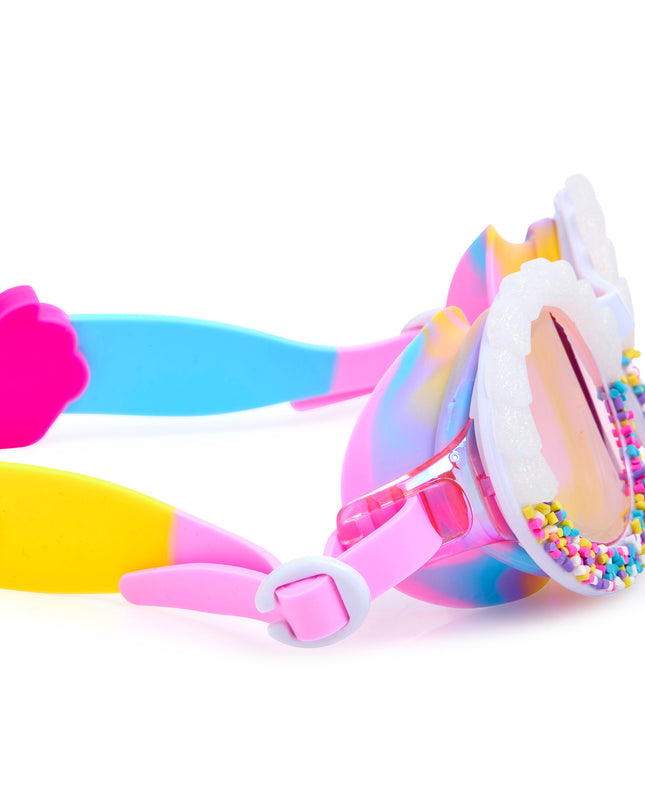 close-up view of bake off kids' round shaped swim goggles in color burst rainbow showing faux frosting detail and rainbow sprinkles
