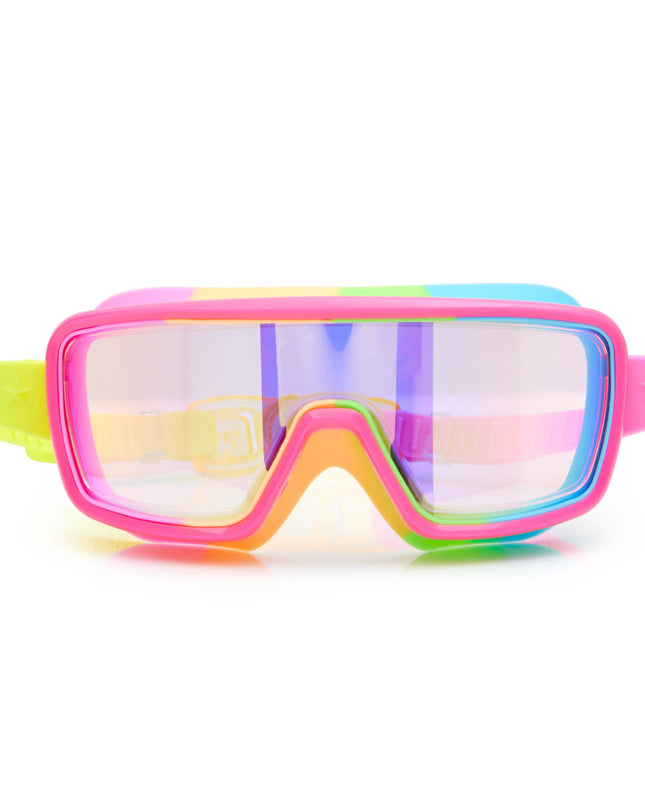 chromatic swim goggles in spectro strawberry showing a hot pink frame and rainbow colored gasket with reflective lens