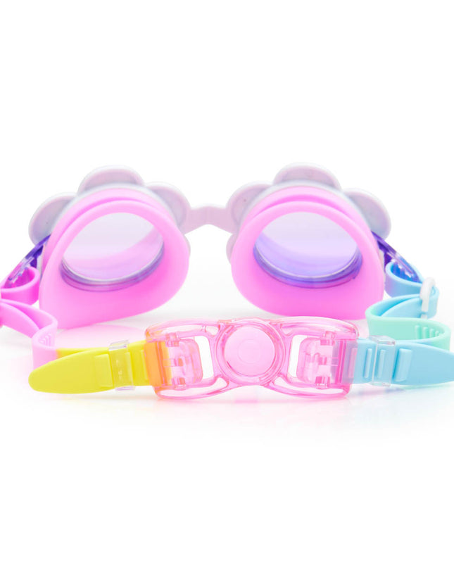 back view of dandi flower shaped kids swim goggles in blanche blossom showing strap and back clip