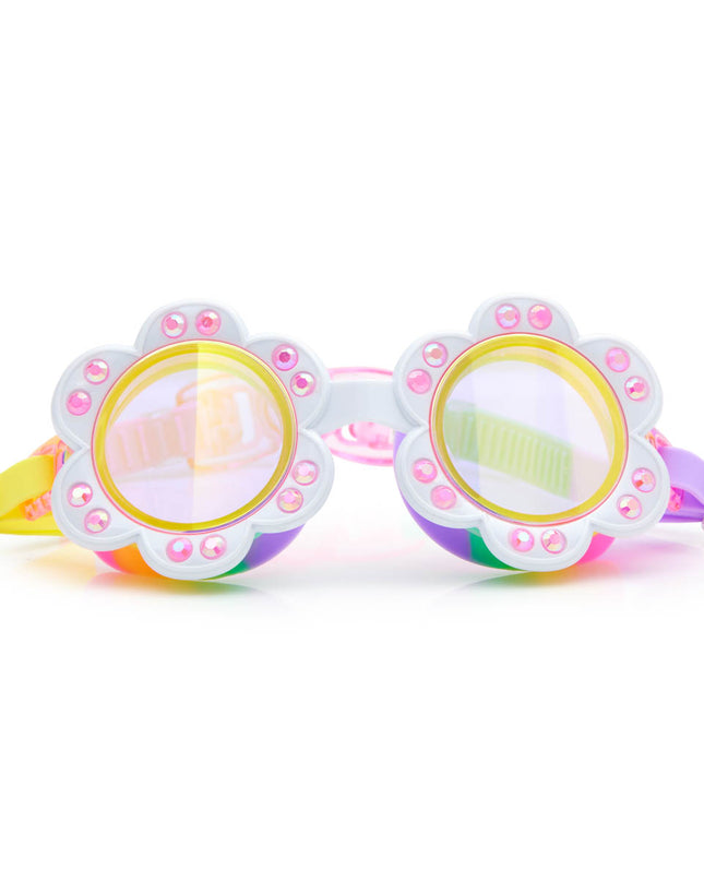 dandi flower shaped swim goggles in sunlit sherry showing petal detail with rhinestone and bright rainbow colored strap and gasket 
