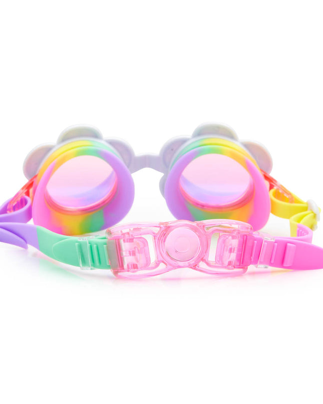 back view of dandi flower shaped swim goggles in sunlit sherry showing back clip and strap