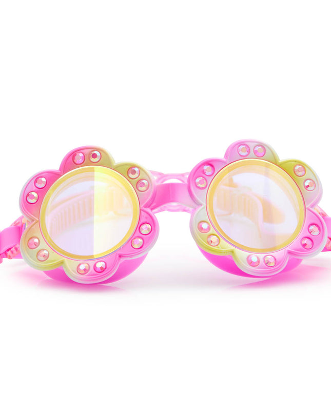 gardenia flower shaped swim goggles in golden hour showing petal details and rhinestones with mirrored lens