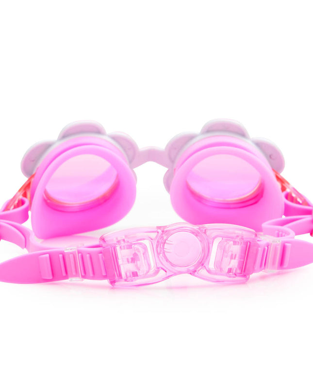 back view of gardenia flower shaped swim goggles in golden hour showing strap and back clip