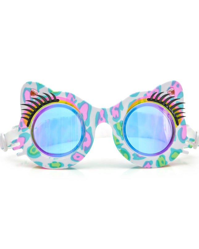 savvy cat kids' cat-shaped swim goggles showing cheetah printed frame, faux eyelashes and rhinestones